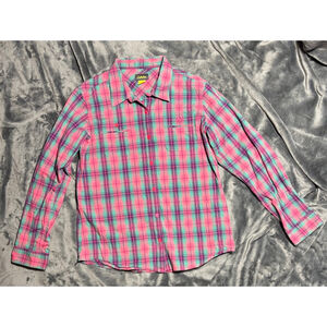 GUC Casual Outdoors Women's Cabelas Pink/Aqua Plaid Button Down Shirt Size Med